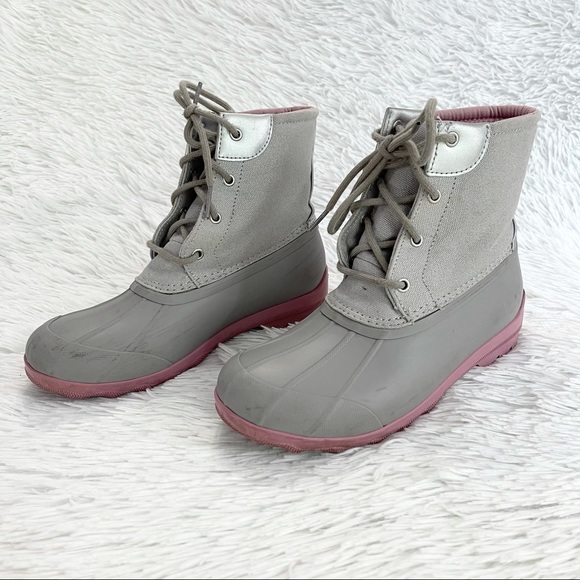 pink and gray sperry duck boots